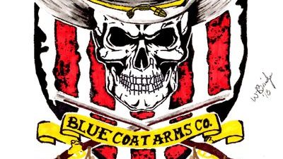 Illustrated badge for the Blue Coat Arms Co. with a skill over red stripes and crossed guns